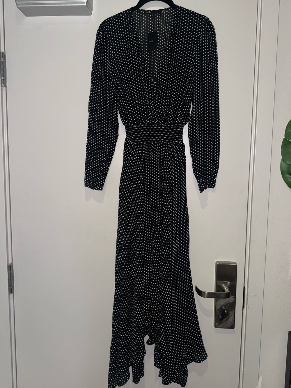 Maje Black and White Polka Dot Long Sleeve Maxi Dress